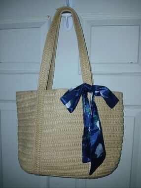 Draper James Woven Straw Tote Bag with Navy Floral Scarf